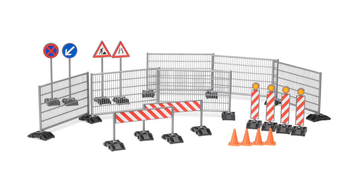 Bruder 24162007 construction site accessory set with safety fencing, traffic cones and hazard warning signs in 1:16 scale