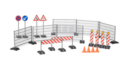 Bruder 24162007 construction site accessory set with safety fencing, traffic cones and hazard warning signs in 1:16 scale