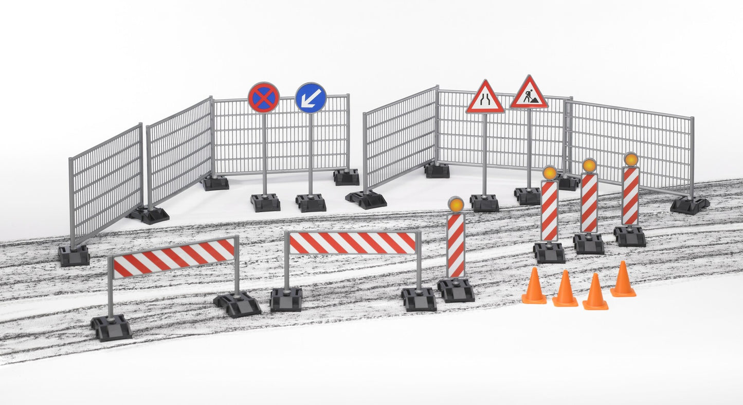 Bruder 62007 construction accessory set with fencing, hazard signs, traffic cones and barriers for 1:16 scale construction vehicles