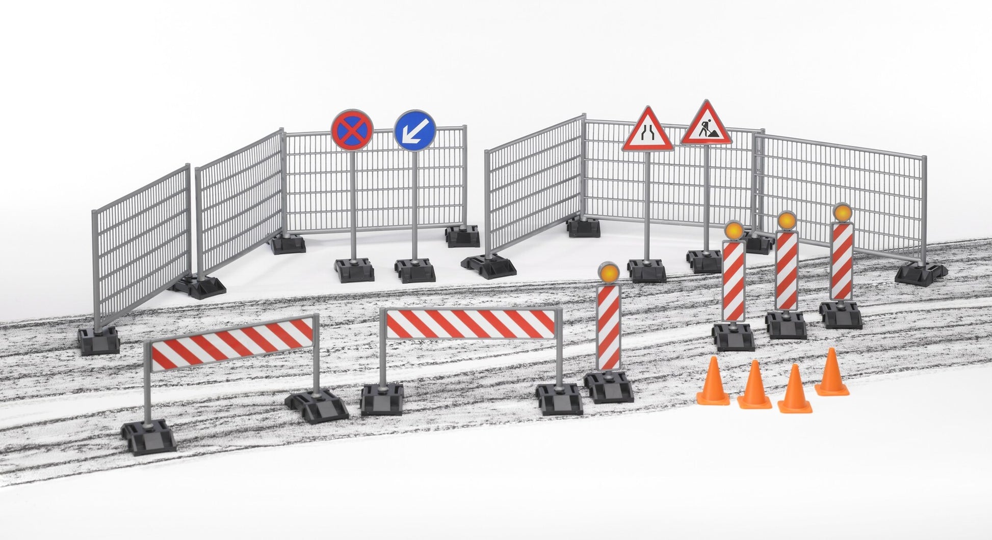 Bruder 62007 construction accessory set with fencing, hazard signs, traffic cones and barriers for 1:16 scale construction vehicles