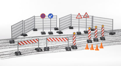 Bruder 62007 construction accessory set with fencing, hazard signs, traffic cones and barriers for 1:16 scale construction vehicles