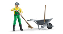 Bruder Farmer Figure Set 62610 with articulated farmer, wheelbarrow, pitchfork and broom in 1:16 scale