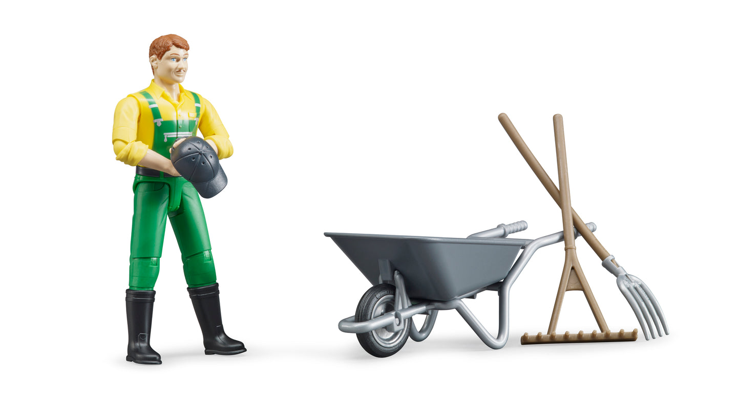 Bruder Farmer Figure Set 62610 with articulated farmer, wheelbarrow, pitchfork and broom in 1:16 scale