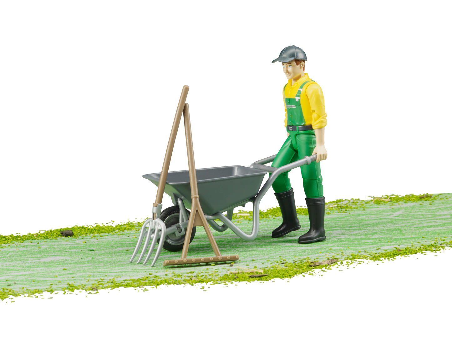 Bruder Farmer Figure Set 62610 with articulated farmer, wheelbarrow, pitchfork and broom in 1:16 scale