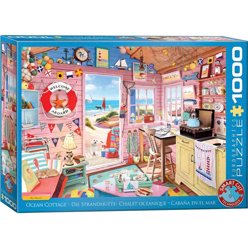 Puzzle box of an ocean cottage scene with a colorful interior and beach view.