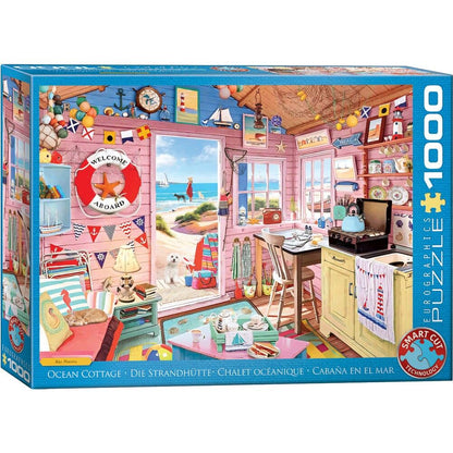Puzzle box of an ocean cottage scene with a colorful interior and beach view.