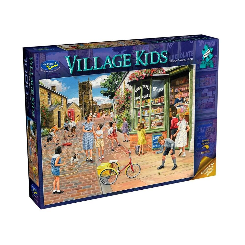 Board game box for 'Village Kids' with a colorful illustration of a village scene.