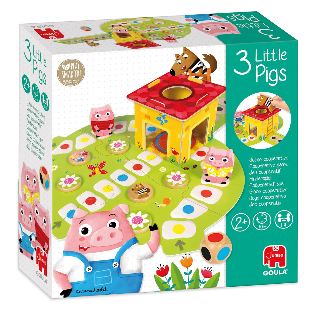 Toddler and parent playing the Goula 3 Little Pigs cooperative board game at a table