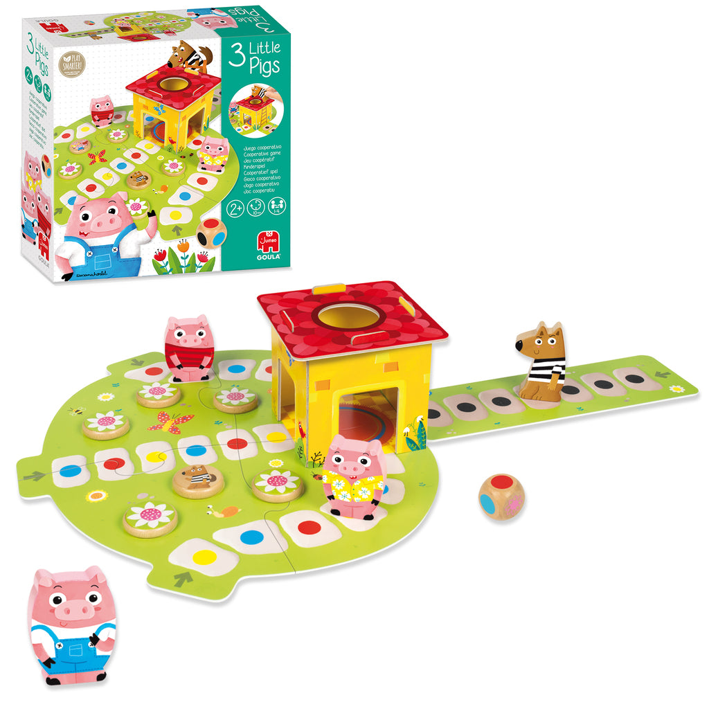 Three wooden pig figures and the wooden wolf from the Goula 3 Little Pigs board game