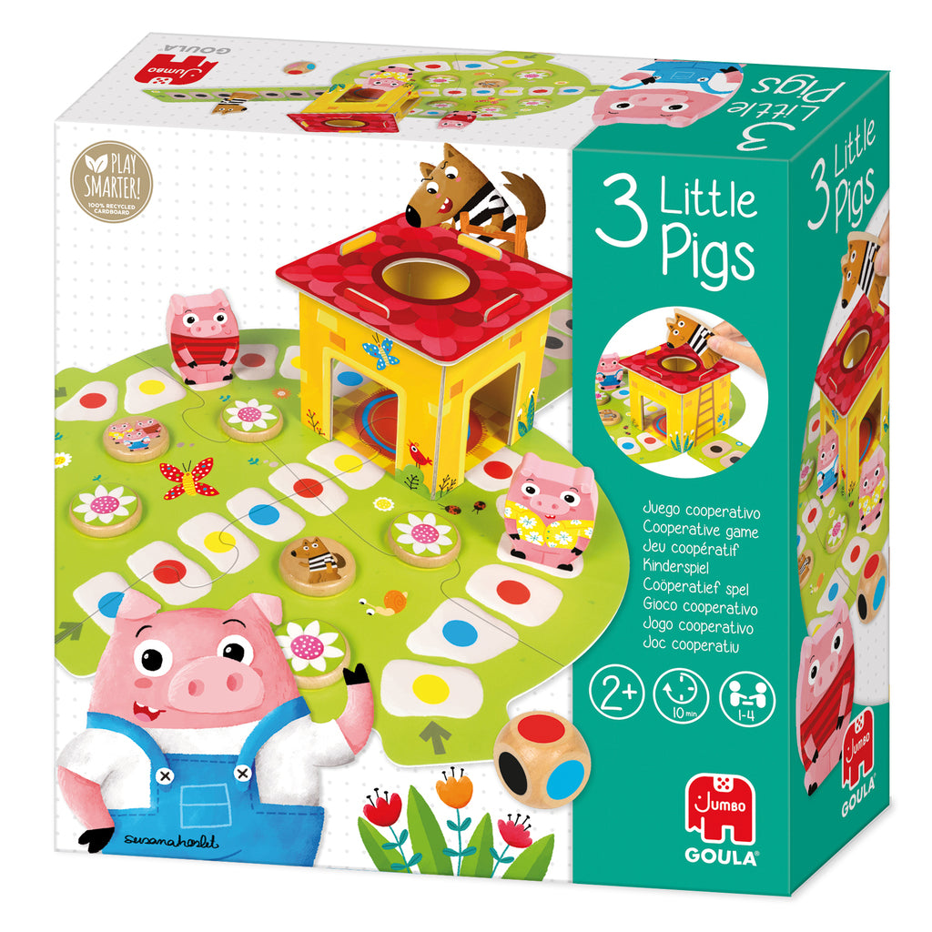 Goula 3 Little Pigs wooden board game with puzzle board, 3D house, three pigs and the wolf