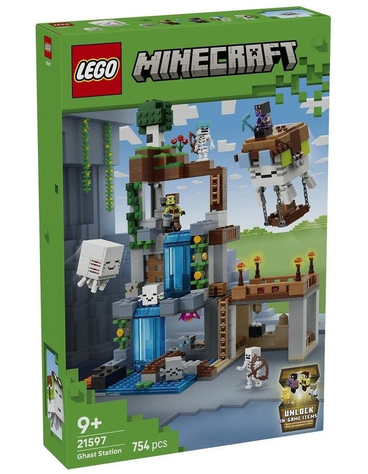 LEGO® Minecraft® Ghast Station 21597 featuring ghast evolution builds, skeletons, waterfall cave, ghast blimp and Minecraft® accessories