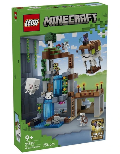 LEGO® Minecraft® Ghast Station 21597 featuring ghast evolution builds, skeletons, waterfall cave, ghast blimp and Minecraft® accessories
