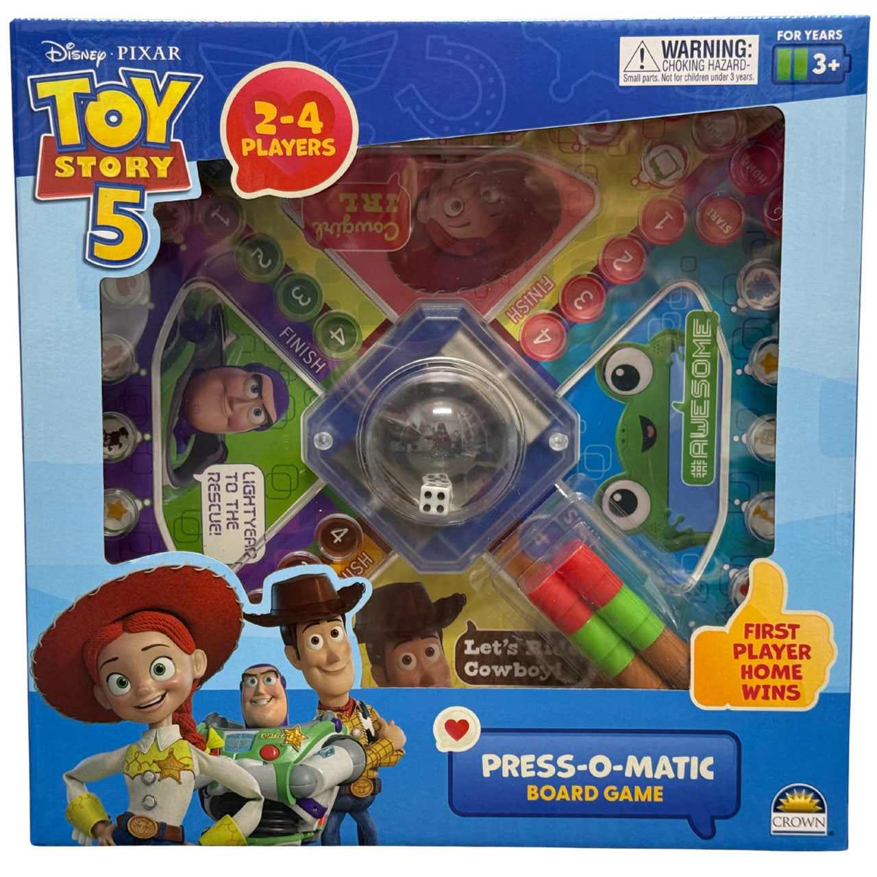 Disney Pixar Toy Story 5 Press-O-Matic board game featuring Woody, Buzz Lightyear and Jessie