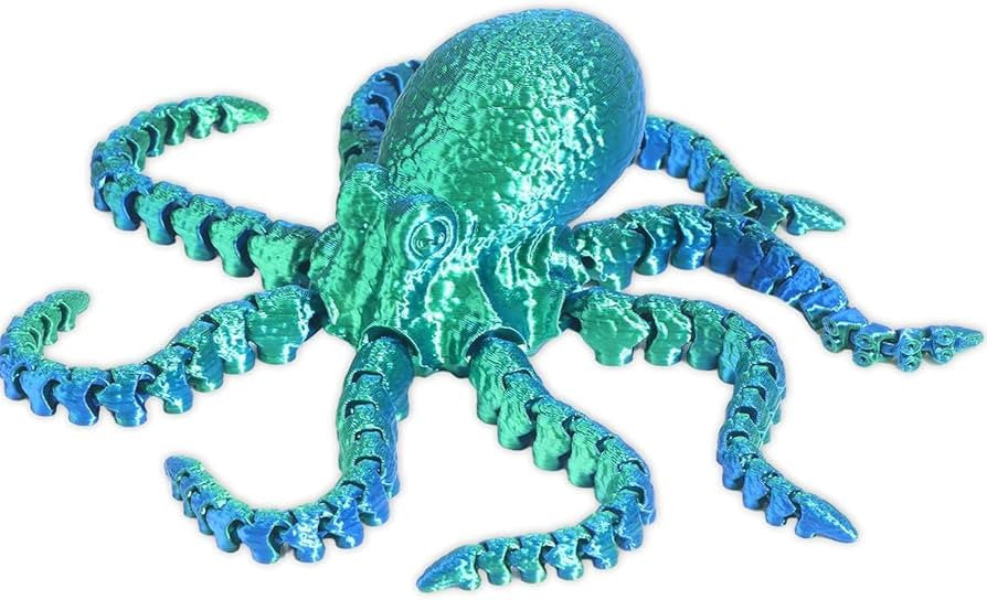 Assorted colourful 3D printed articulated octopus figures with flexible tentacles in display box for sensory and collectible play.