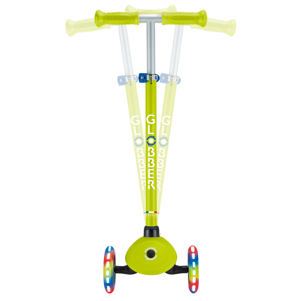 Globber - PRIMO Scooter with Lights and Griptape - Lime Green/ Navy Blue
