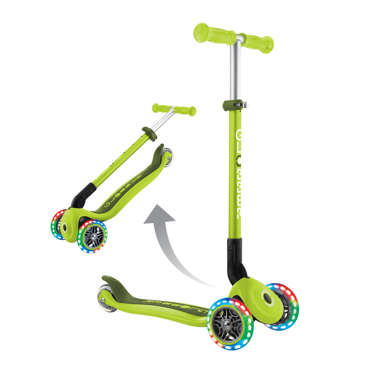Globber PRIMO FOLDABLE LIGHTS: 3 Wheel Scooter - Lime Green