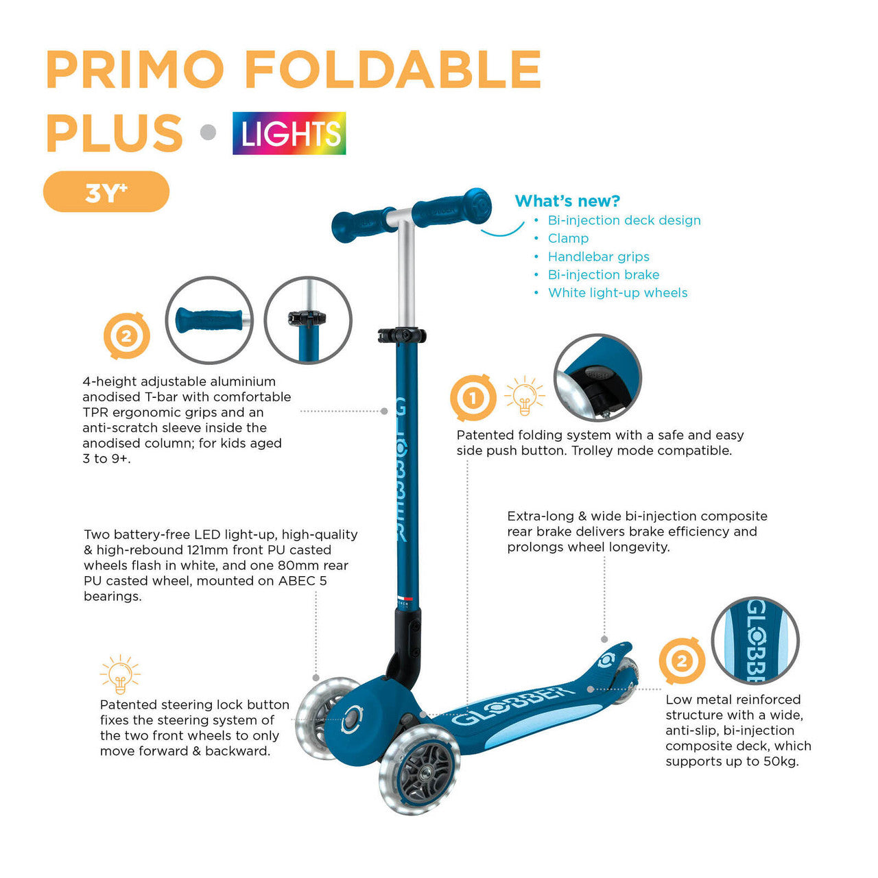 Globber - PRIMO FOLDABLE PLUS  Scooter with Lights  - Petrol Blue/Light Blue