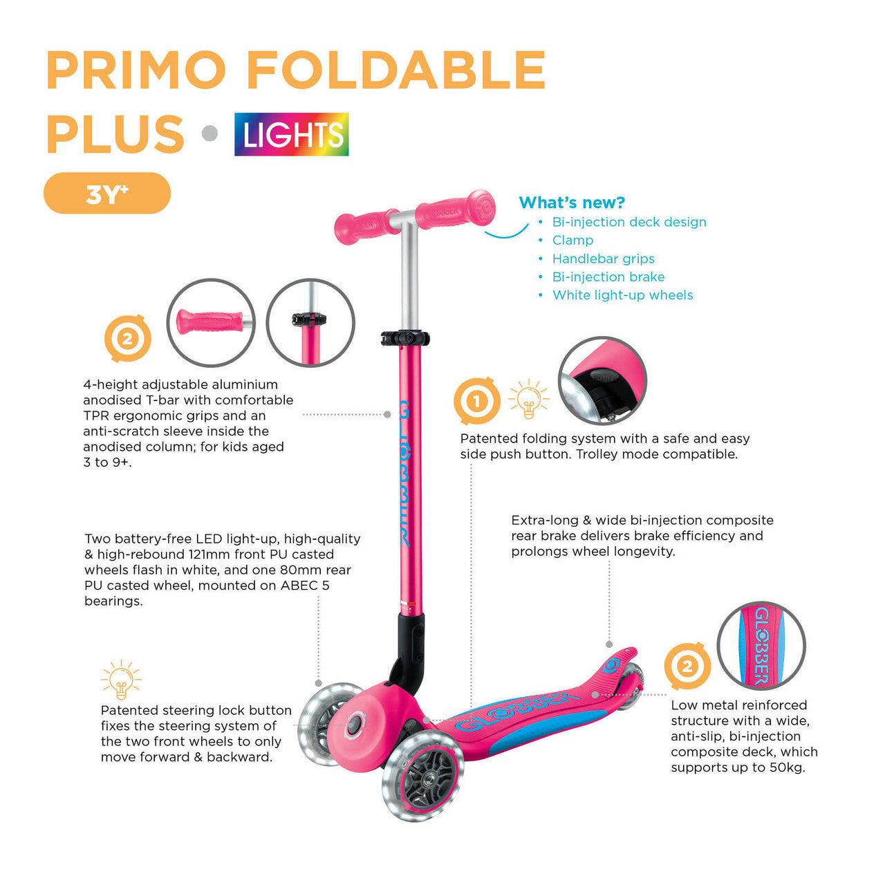 Globber - PRIMO FOLDABLE PLUS  Scooter with Lights - Fushia Pink/ Sky Blue