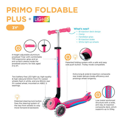 Globber - PRIMO FOLDABLE PLUS  Scooter with Lights - Fushia Pink/ Sky Blue