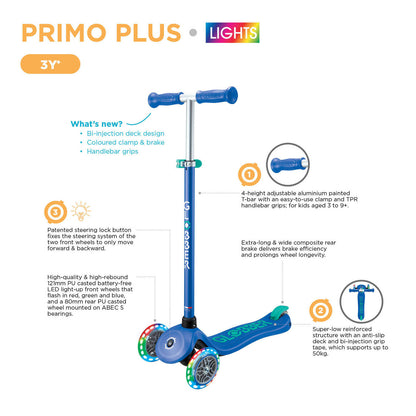 Globber Primo PLUS with LIGHTS 3 Wheel Scooter - Navy Blue/ Emerald Green