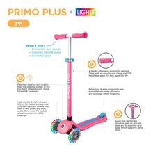 Globber Primo PLUS with LIGHTS 3 Wheel Scooter - Fuchsia Pink / Sky Blue