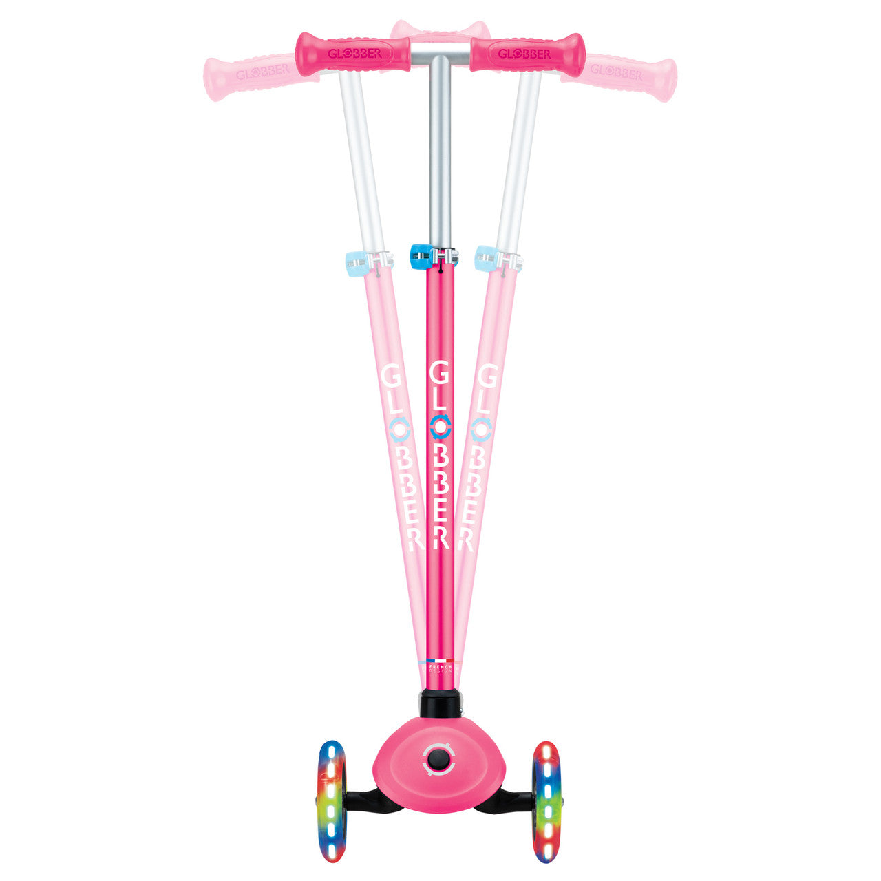 Globber Primo PLUS with LIGHTS 3 Wheel Scooter - Fuchsia Pink / Sky Blue