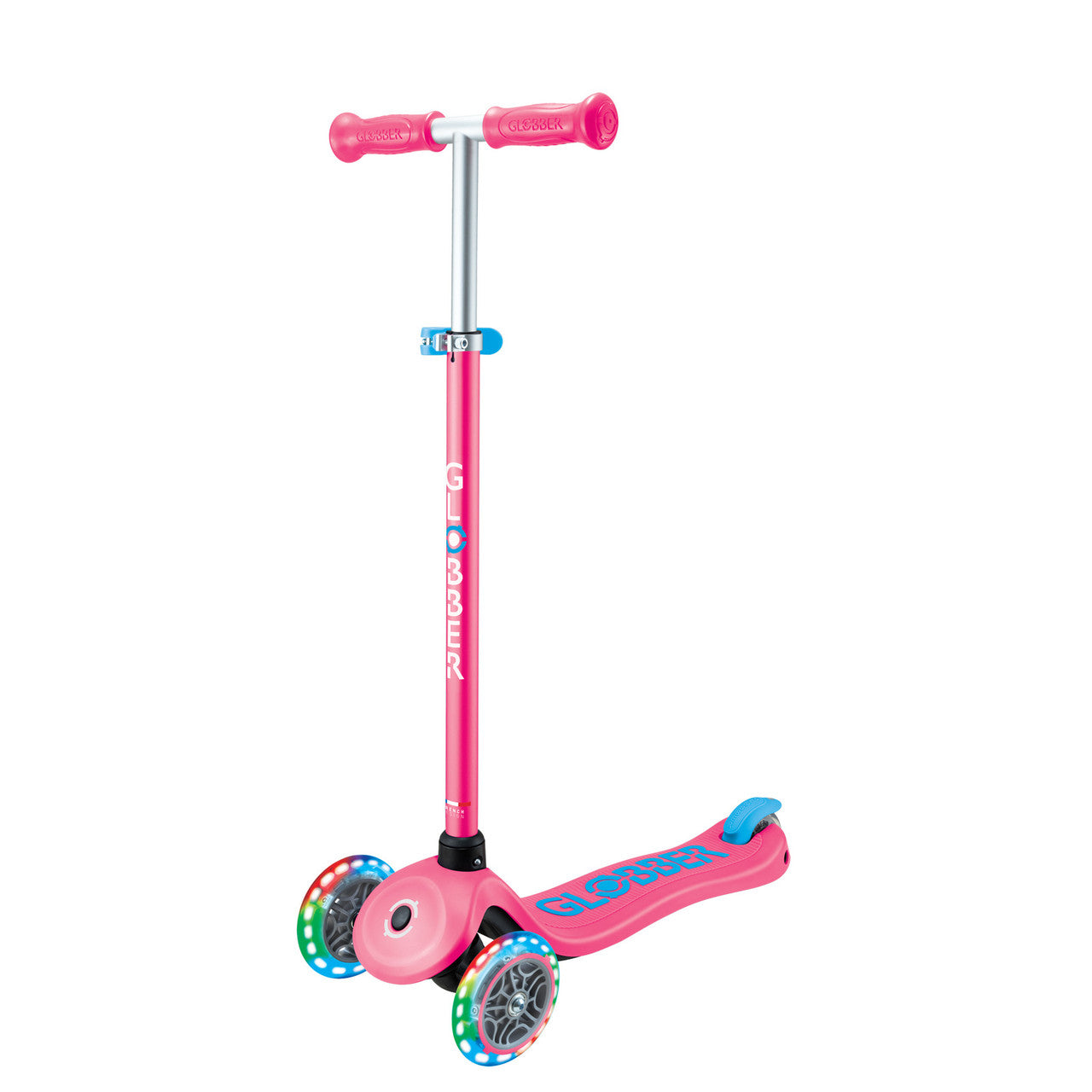 Globber Primo PLUS with LIGHTS 3 Wheel Scooter - Fuchsia Pink / Sky Blue
