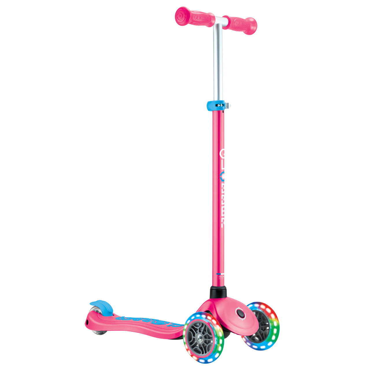 Globber Primo PLUS with LIGHTS 3 Wheel Scooter - Fuchsia Pink / Sky Blue