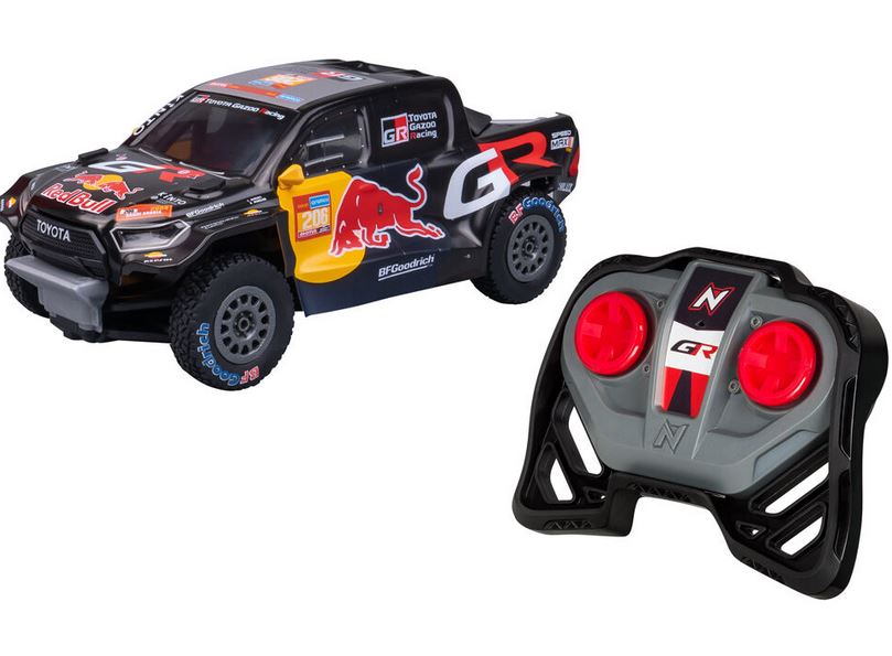 Toyota Gazoo Racing GR DKR Hilux T1+ RC car with Red Bull Dakar 2024 graphics