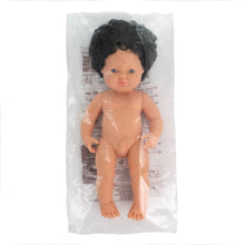 Miniland Doll 38cm - Caucasian Curly Black Hair Boy Baby Doll (Undressed)