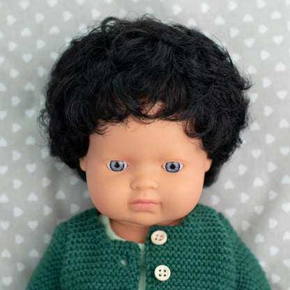 Miniland Doll 38cm - Caucasian Curly Black Hair Boy Baby Doll (Undressed)