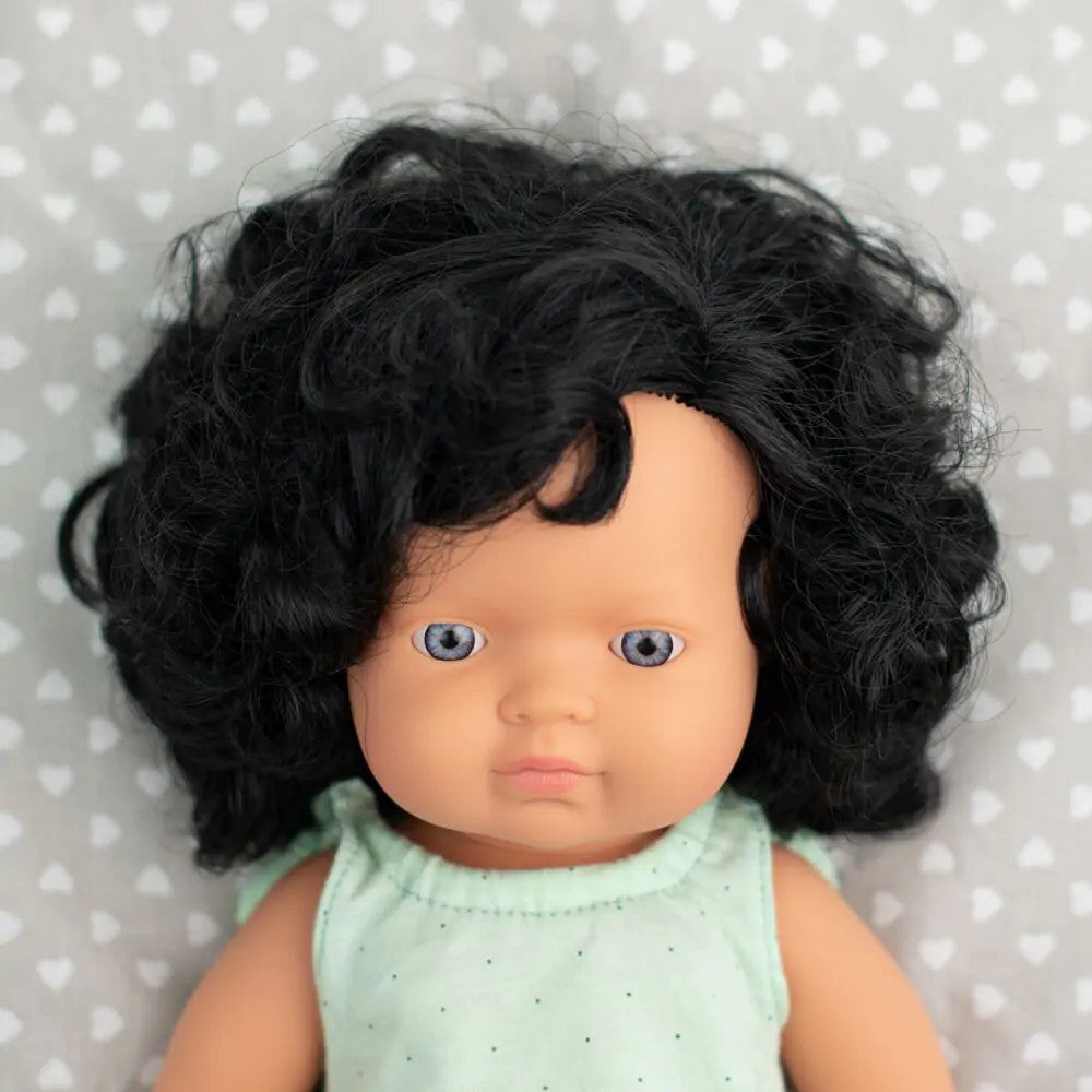 Miniland Doll 38cm - Caucasian Curly Black Hair Girl Baby Doll