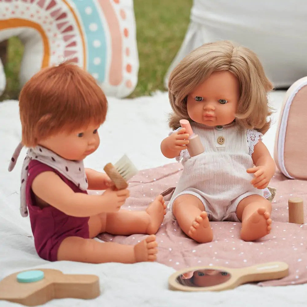 Miniland Doll 38cm - Caucasian Dark Blonde Girl Baby Doll  (Dressed)