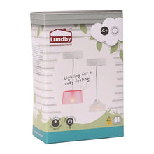 Two Lundby battery-operated LED dollhouse ceiling lamps with pink and clear shades and movable ceiling fastenings