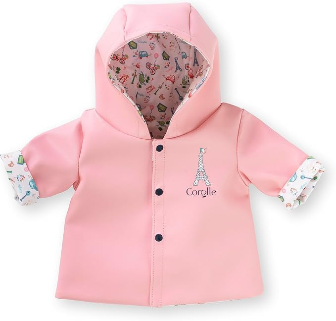 Corolle Mon Premier pink reversible waxed coat for 30cm baby dolls with Paris-themed lining