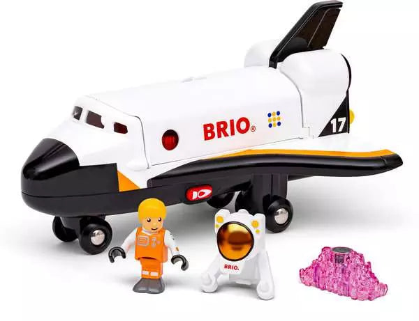 BRIO space shuttle toy with lights and sounds, shown with the astronaut figure, cargo load and launch platform
