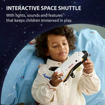 BRIO space shuttle next to other BRIO World Space sets, showing how it fits into a larger space railway