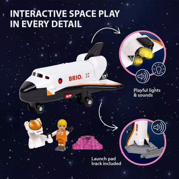 Top view of the BRIO space shuttle toy with doors closed, showing the overall size and shape of the vehicle