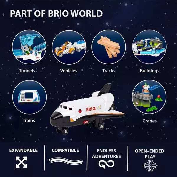 Child lifting the BRIO space shuttle toy to trigger the rocket launch sounds and flashing engine lights