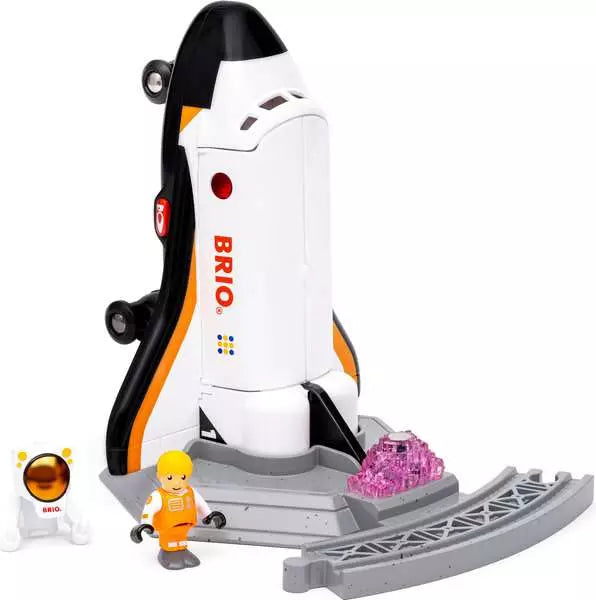 BRIO space shuttle toy sitting on its launch platform, ready for pretend liftoff in a BRIO World layout