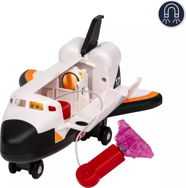 Side view of the BRIO World space shuttle toy, showing its wings, rocket engines and white and blue design