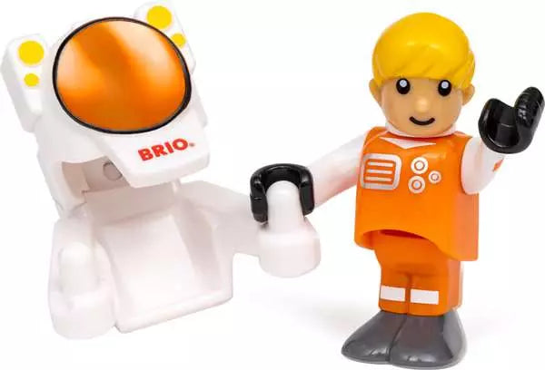 Retractable magnetic tether from the BRIO space shuttle attached to the astronaut figure for spacewalk play