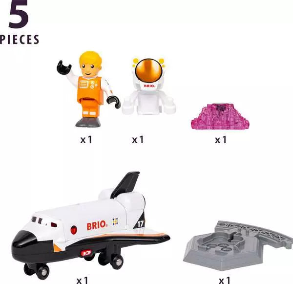 All five pieces of the BRIO space shuttle set: shuttle, astronaut, removable space suit, cargo load and platform