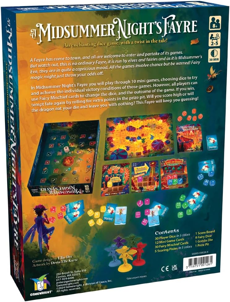 Back of Gamewright A Midsummer Nights Fayre game box showing contents
