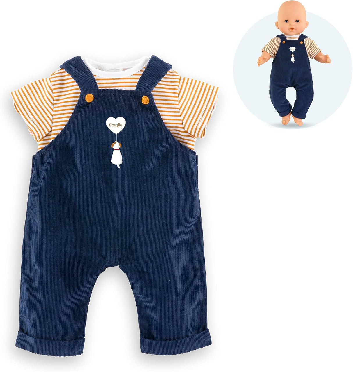 Corolle - Striped T-Shirt and Navy Overalls for Corolle 36cm Mon Grand Baby Dolls