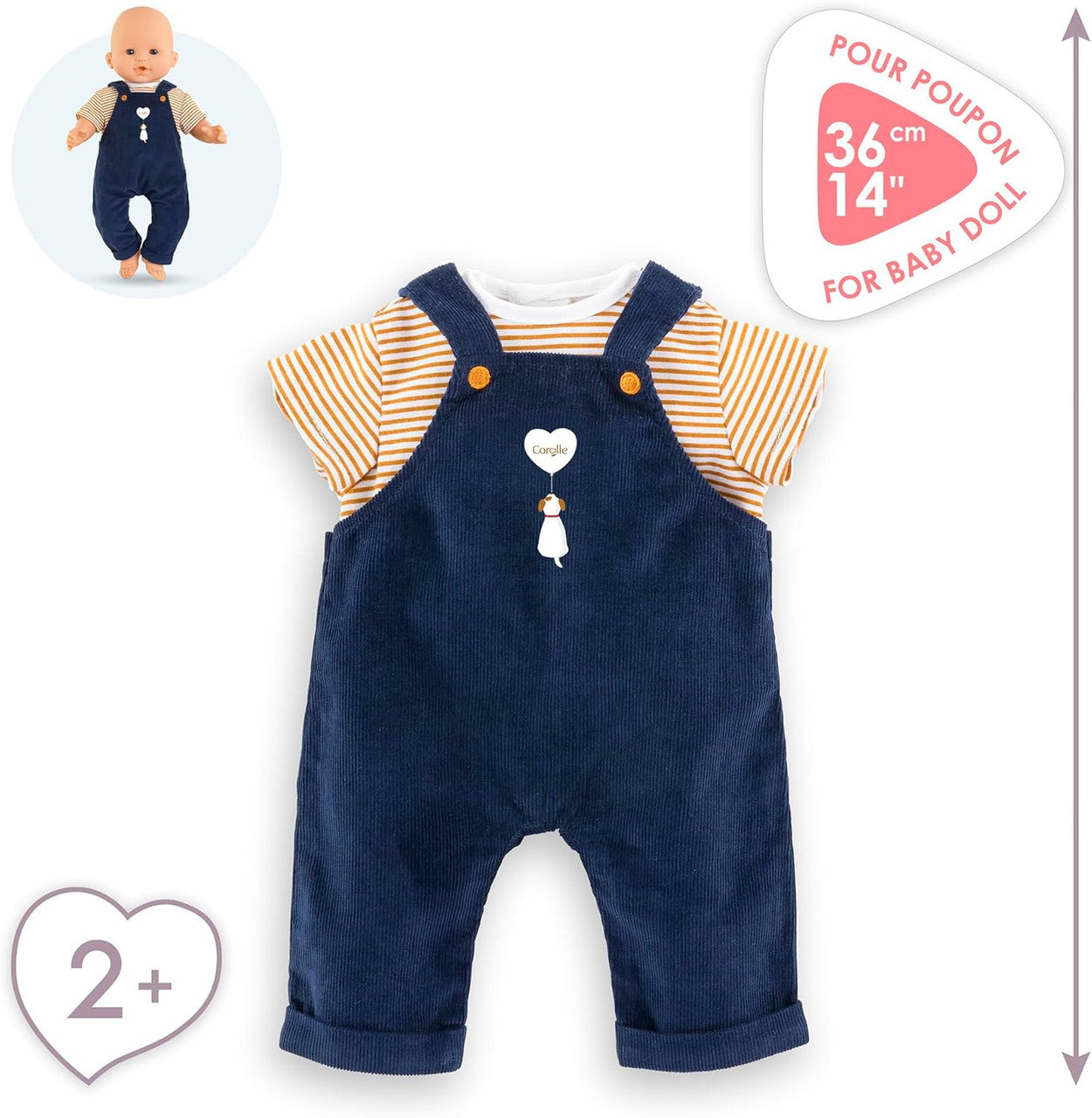Corolle - Striped T-Shirt and Navy Overalls for Corolle 36cm Mon Grand Baby Dolls