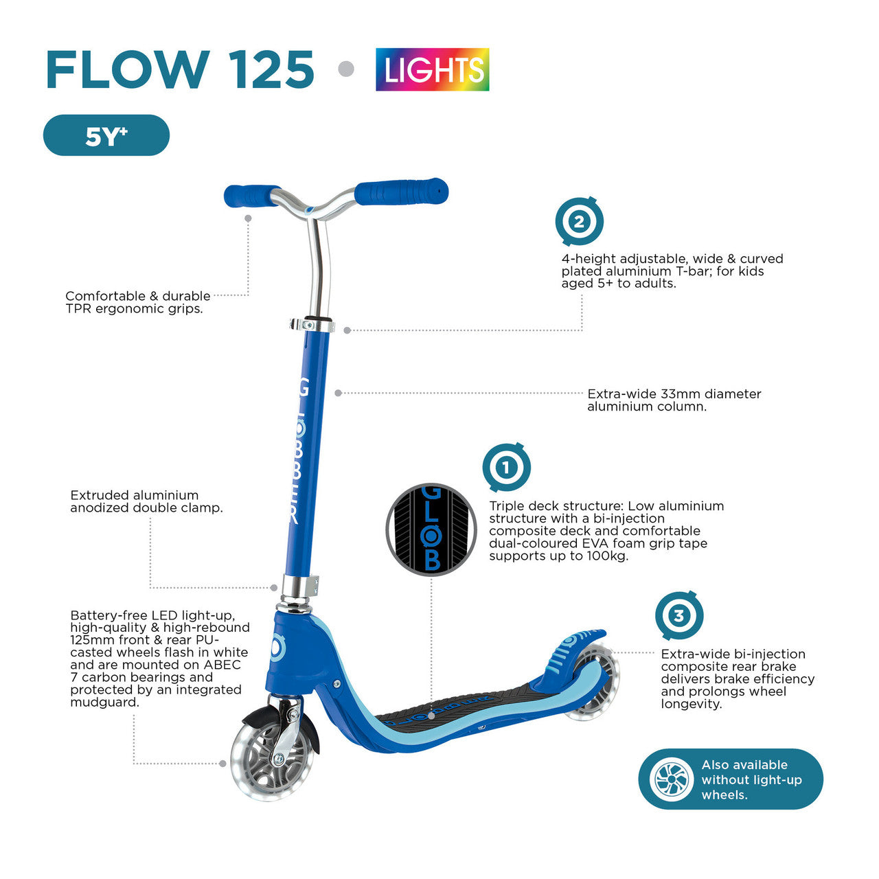 Globber - FLOW 125 Scooter with Light Up Wheels - Navy Blue