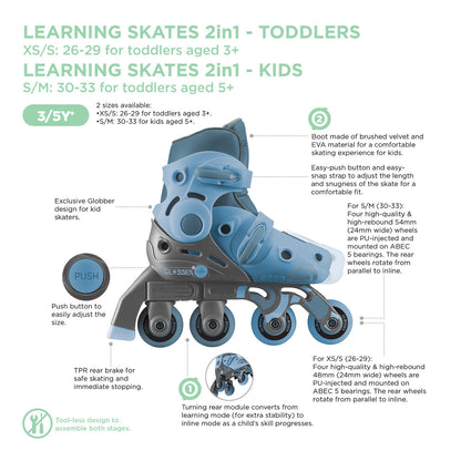 Globber Learning Inline Skates 2in1 for Kids: Size 29-32 - Pastel Pink
