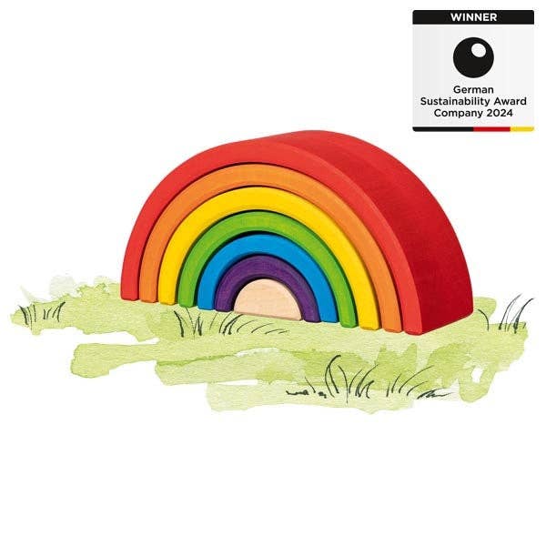 Goki Evolution Little Rainbow wooden stacking blocks with seven colourful maple wood arches nested together