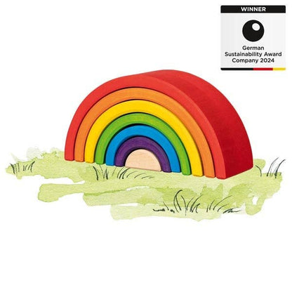 Goki Evolution Little Rainbow wooden stacking blocks with seven colourful maple wood arches nested together